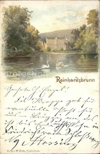 Reinhardsbrunn Schwanenteich Schloss Litho Kat. Friedrichroda