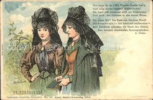 Friedrichroda Thueringer Trachten Postkarte No 21 Gedicht A. Trinius Kuenstlerkarte Reichspost Kat. Friedrichroda