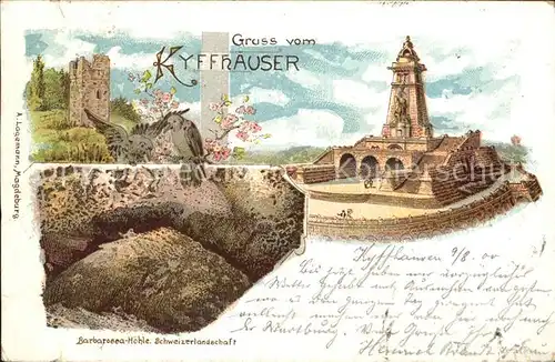 Kyffhaeuser Kaiser Wilhelm Denkmal Ruine Barbarossa Hoehle Schweizerlandschaft Litho Reichspost Kat. Bad Frankenhausen