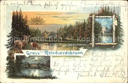 Reinhardsbrunn Schwanenteich Sonnenaufgang Schloss Hirsch Reh Kuenstlerkarte Kat. Friedrichroda
