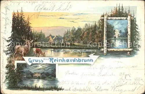 Reinhardsbrunn Schloss bei Sonnenaufgang und im Mondschein Hirsch Reh Kuenstlerkarte Kat. Friedrichroda