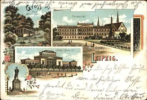 Leipzig Beim Wassergott Universitaet Theater Denkmal Friedrich August der Gerechte Litho Kat. Leipzig