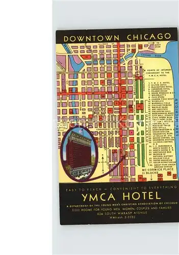 Chicago Illinois YMCA Hotel Illustration Map Kat. Chicago