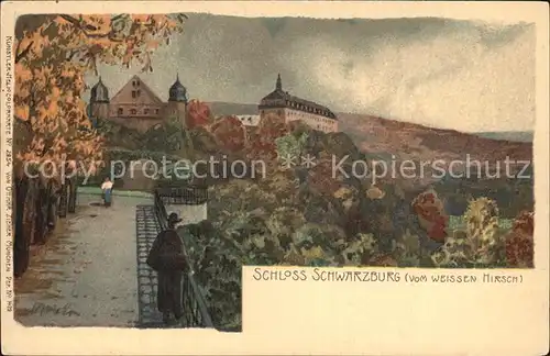 Schwarzburg Thueringer Wald Schloss vom Weissen Hirsch gesehen Kuenstlerkarte Kat. Schwarzburg