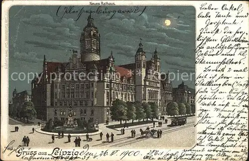 Leipzig Neues Rathaus im Mondschein Litho Kat. Leipzig