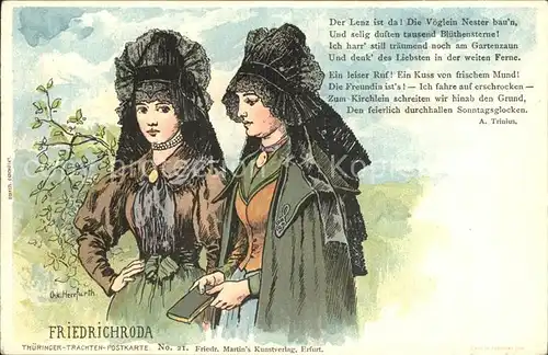 Friedrichroda Thueringer Trachten Postkarte No 21 Gedicht A. Trinius Litho Reichspost Kat. Friedrichroda