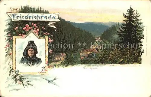 Friedrichroda Panorama Blick in den Grund Trachten Litho Kat. Friedrichroda