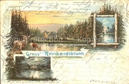 Reinhardsbrunn Schloss bei Sonnenaufgang und im Mondschein Teich Hirsch Reh Litho Kat. Friedrichroda