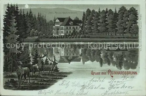 Reinhardsbrunn Schloss im Mondschein Teich Hirsche Litho Kat. Friedrichroda