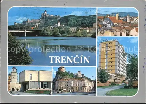 Trencin Trentschinteplitz Teilansichten Blick ueber die Waag Burg Hotel Hochhaus Kat. Trencsenteplic