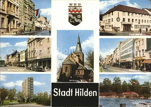 Hilden Mettmann Strassenpartien Sparkasse Kirche Hochhaus Freibad Kat. Hilden