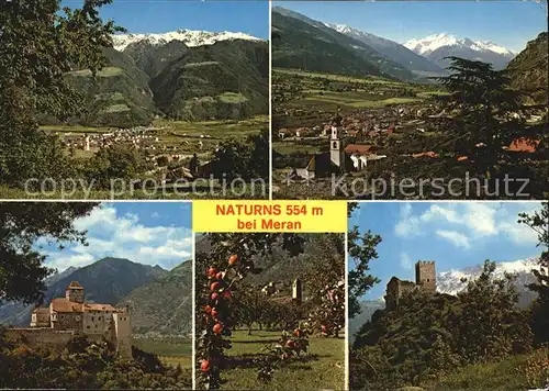 Naturns Merano Gesamtansicht mit Alpenpanorama Burgruine Schloss Obstgarten Kat. Naturno