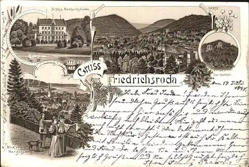 Friedrichsroda Schloss Reinhardsbrunn Panorama Gottlob Blick vom Herzogsweg Litho Kat. Friedrichsroda