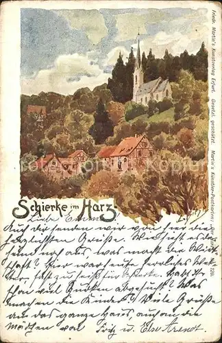 Schierke Harz Teilansicht mit Kirche Kuenstlerkarte Kat. Schierke Brocken