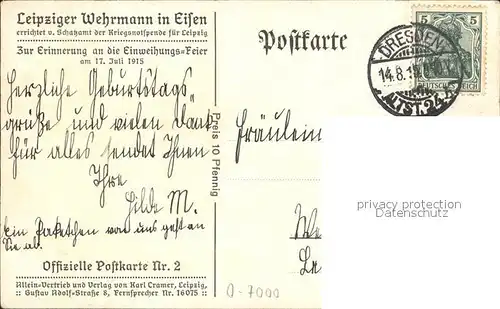 Leipzig Leipziger Wehrmann in Eisen Offizielle Postkarte Nr 2 Kat. Leipzig