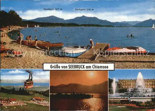 Seebruck Chiemsee Badestelle mit Motorbooten Seilbahn Sonnenuntergang Brunnen Kat. Seeon Seebruck