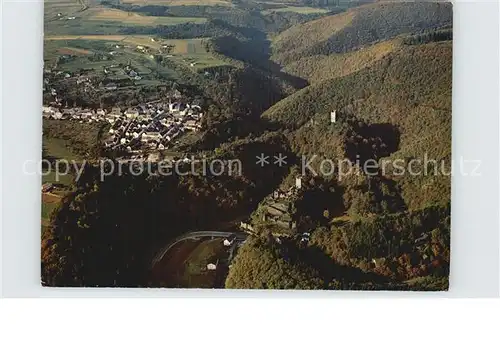 Niedermanderscheid Eifel mit Ober und Niederburg Fliegeraufnahme Kat. Manderscheid