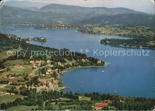 Reifnitz Woerthersee Bucht mit Wallfahrtsort Maria Woerth Fliegeraufnahme Kat. Maria Woerth