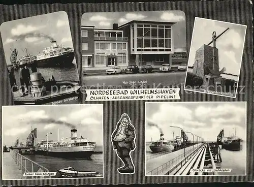 Wilhelmshaven Tanker im Hafen Tanker beim Anlegen Ostbruecke mit Loeschkoepfen Heppenser Groden  Kat. Wilhelmshaven