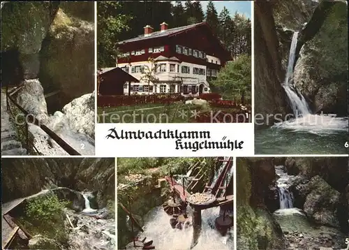 Almbachklamm Gasthaus Kugelmuehle Tiefblick in die Klamm Felseinstieg in die Klamm Mamor Kugelmuehle Wasserfaelle Kat. Berchtesgaden