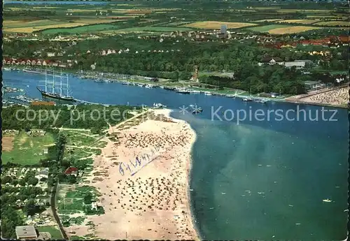 Travemuende Ostseebad Fliegeraufnahme Briwall Badestrand Travermuendung und Dreimaster Passat Kat. Luebeck