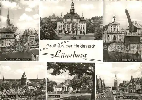 Lueneburg Partie an der Ilmenau Blick vom Kalkberg Badehaus Am Sande Kaufhaus mit Kran Rathaus Kat. Lueneburg