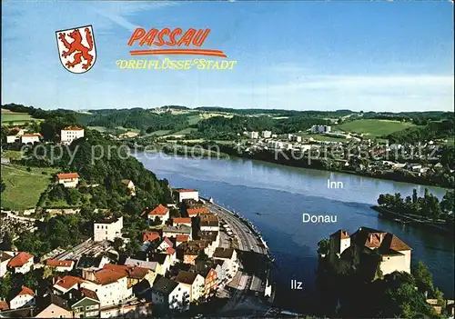 Passau Blick von Oberhaus auf Ilz Donau und Inn Kat. Passau