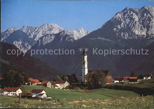 Pfronten mit Kirche Vilser Kegel Schlicke Gimpel und Rossberg Kat. Pfronten