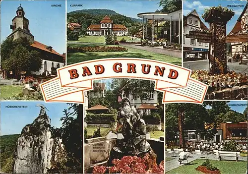 Bad Grund Kirche Kurpark Wegweiser Huebichenstein Zwerg Huebich Brunnen Kurkonzert Kat. Bad Grund (Harz)