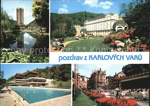 Karlovy Vary Hochhaus Weiher Hotel Schwimmbad Kurkonzert Kat. Karlovy Vary Karlsbad