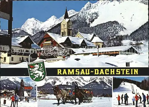 Ramsau Dachstein Steiermark Teilansicht Kirche Skipisten Pferdeschlitten Kat. Ramsau am Dachstein
