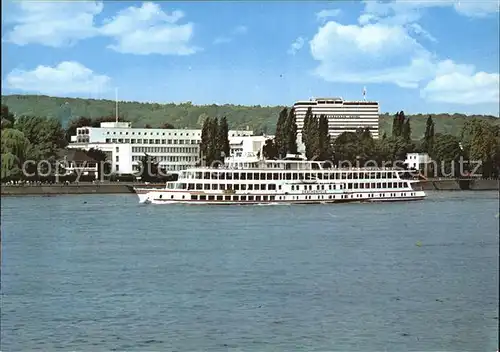 Bonn Rhein Bundeshaus vom Rhein gesehen mit Personenschiff Drachenfels Kat. Bonn