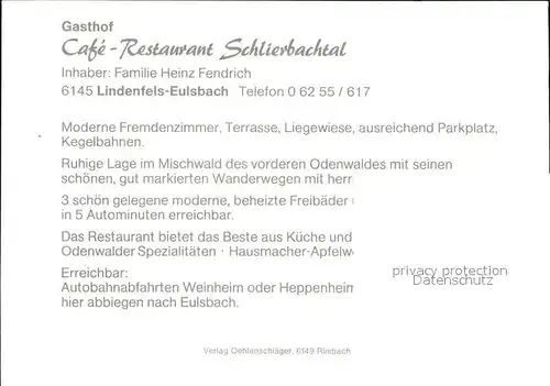 Eulsbach Gasthof Cafe Restaurant Schlierbachtal Kat. Lindenfels