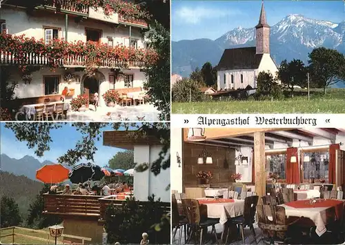 uebersee Chiemsee Alpengasthof Westerbuchberg mit Kirche 