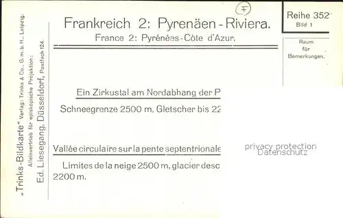 Pyrenees Region Ein Zirkustal am Nordabhang der Pyrenaeen Trinks Bildkarte Reihe 352 Bild 1 Kat. Lourdes