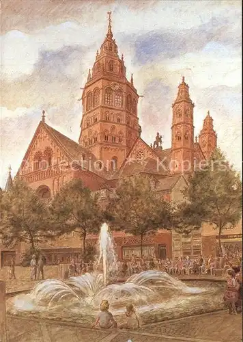 Mainz Rhein Wasserspiele am Markt mit Domblick Kuenstlerkarte