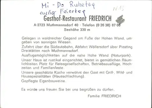 Muthmannsdorf Winzendorf Gasthof-Restaurant FRIEDRICH / Winzendorf Muthmannsdorf /Niederoesterreich Sued