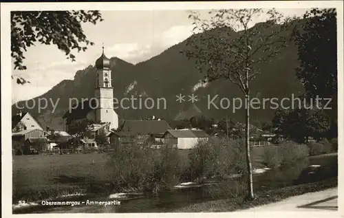 Oberammergau Ammerpartie mit Kirche Kat. Oberammergau