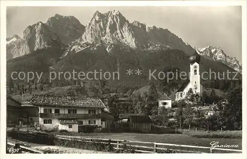 Grainau mit Kirche und Waxensteine Riffelwaende Zugspitze Kat. Grainau