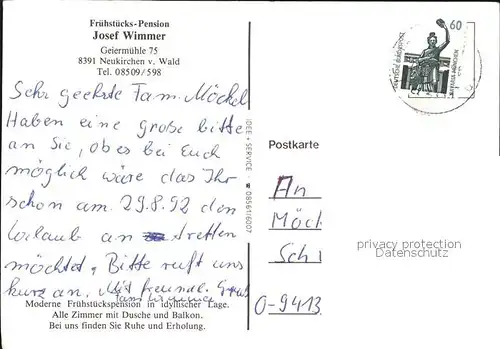 Neukirchen Wald Fruehstuecks Pension Josef Wimmer  Kat. Neukirchen vorm Wald