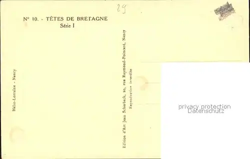 Bretagne Region Tete de Bretagne Serie I No 10 Kuenstlerkarte Kat. Rennes