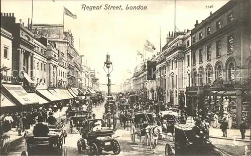 London Regent Street Traffic Cars Pferdedroschken Autos Valentines Series Kat. City of London