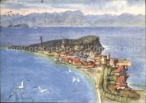 Sirmione Lago di Garda Visione generale Kuenstlerkarte Kat. Italien