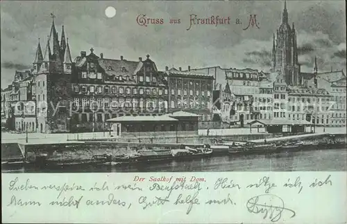 Frankfurt Main Saalhof mit Dom Uferpartie am Main im Mondschein Reichspost Kat. Frankfurt am Main