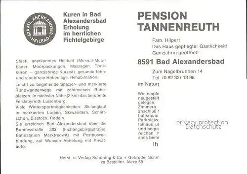 Bad Alexandersbad Pension Tannenreuth  Kat. Bad Alexandersbad