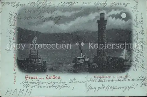 Lindau Bodensee Hafeneinfahrt Leuchtturm Bayerischer Loewe Dampfer im Mondschein Kat. Lindau (Bodensee)