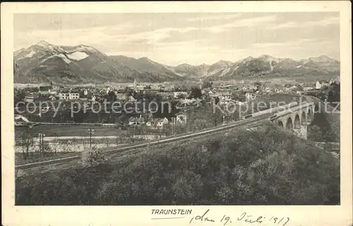 Traunstein Oberbayern Gesamtansicht mit Alpenpanorama Eisenbahn Kat. Traunstein