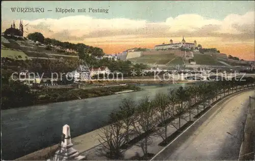 Wuerzburg Kaeppele mit Festung Uferpromenade am Main Denkmal Bruecke Kat. Wuerzburg