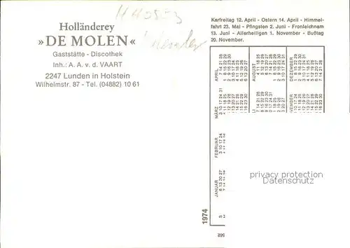 Lunden Holstein Hollaenderey De Molen Gaststaette Discothek Kat. Lunden