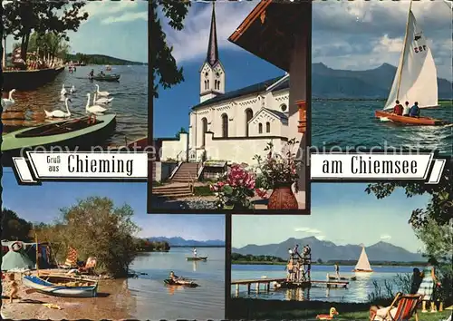 Chieming Chiemsee Kirche Strand Segelboot Campingplatz Kat. Chieming